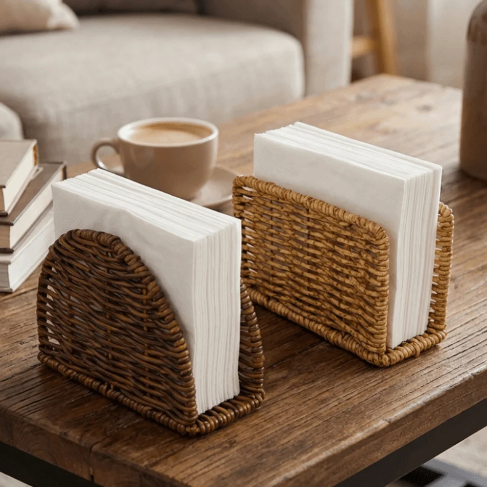 

Creative Simulated Rattan Napkin Holders Retro Space-Saving Vertical Napkin Dispenser No-slip Stable Desktop Paper Organizer