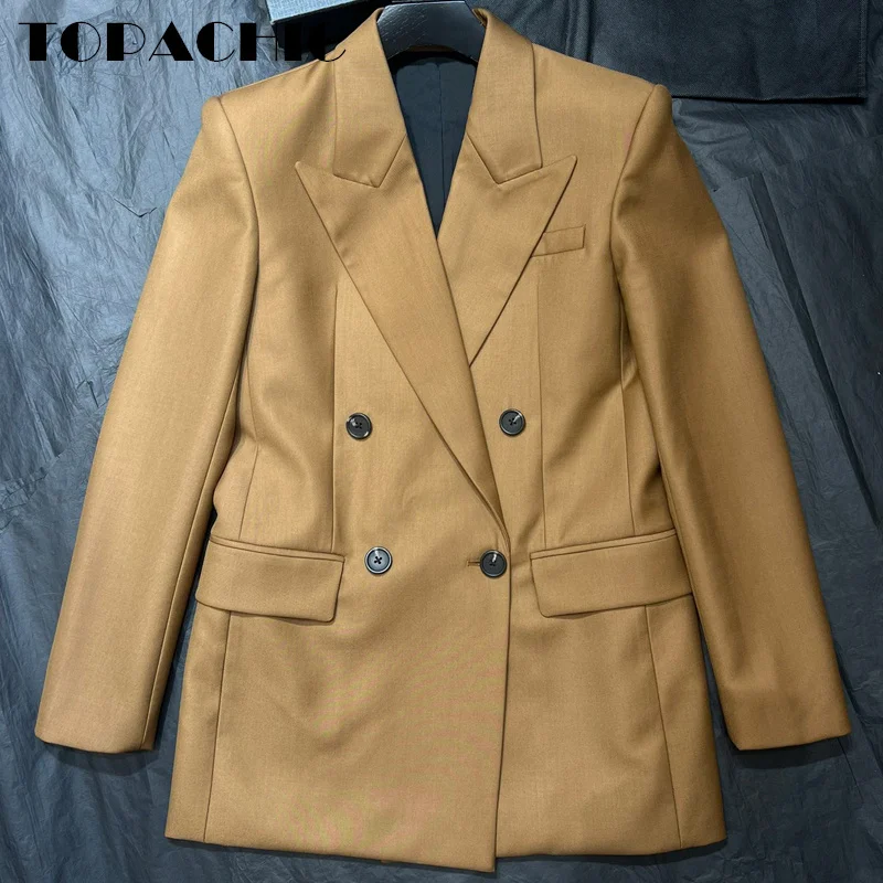 8.3 TOPACHIC Donna Colletto classico con risvolto Misto lana Blazer doppiopetto Spalline Design ampio Giacca casual da donna da ufficio