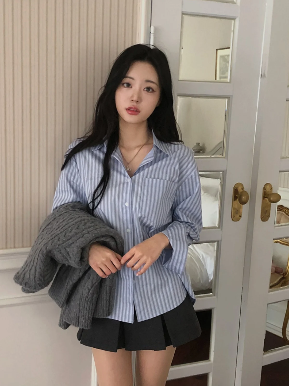 Spring Stripe irt Women's Chic New Retro Turn-down Collar Single Button Sweet Top Korean Sle Loose Fit Long Sve  C...