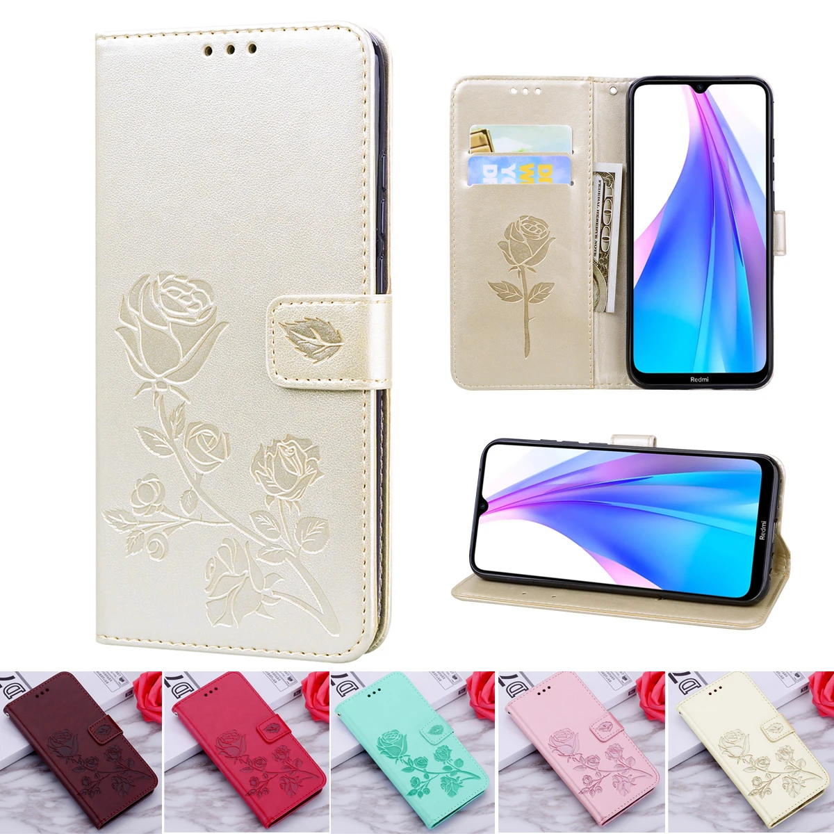 

For Xioami Redmi Note 8 Rose Leather Phone Case for Xiaomi Redmi Note 8 Pro Note 8T Flip Shell Wallet Cover with Card Holder