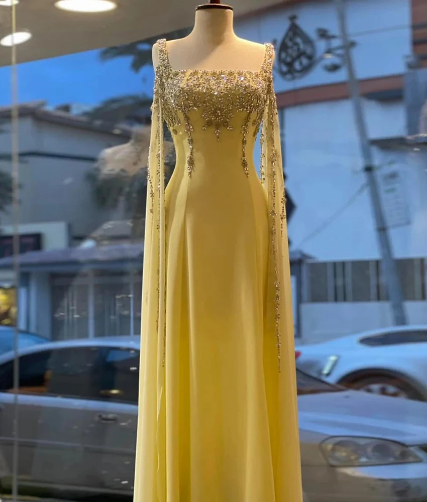 

Customized Exquisite Chiffon A-Line Spaghetti Straps Crystal Beading Evening Dress Sexy Long Sleeves Square Neck Party Gowns