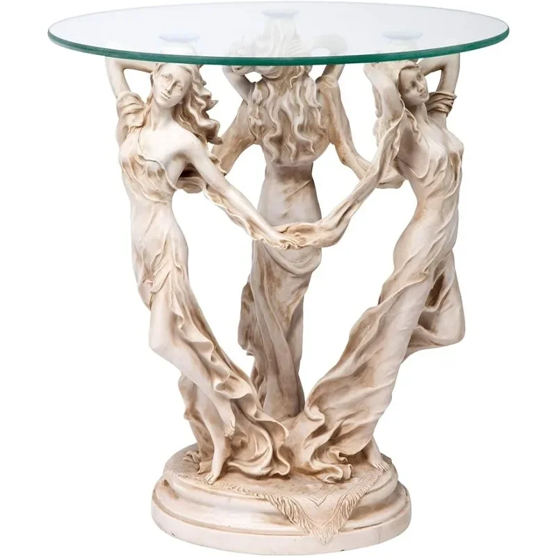 

Outdoor Table Greek Muse Statue Glass Top Side Table, Cast Resin, Antique Stone Finish, 18" wide, 18" deep, 20" high