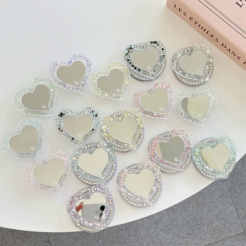 Heart Shaped Glitter Magnetic Phone Grop Holder Cute Back Adhesive Makeup Mirror Finger Socket Holder Bracket Cell Decor Stand
