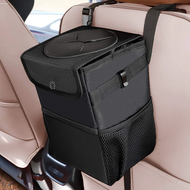 Car Trash Can With Lid Car Trash Bag Hanging With Storage Pockets Collapsible And Portable Car Garbage Bin