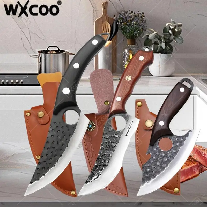 WXCOO المطبخ سكين نزع العظم سكين الجزار متعددة الوظائف فتاحة الزجاجات اليد مزورة سكين الطاهي للطبخ مقبض خشبي المنزلية