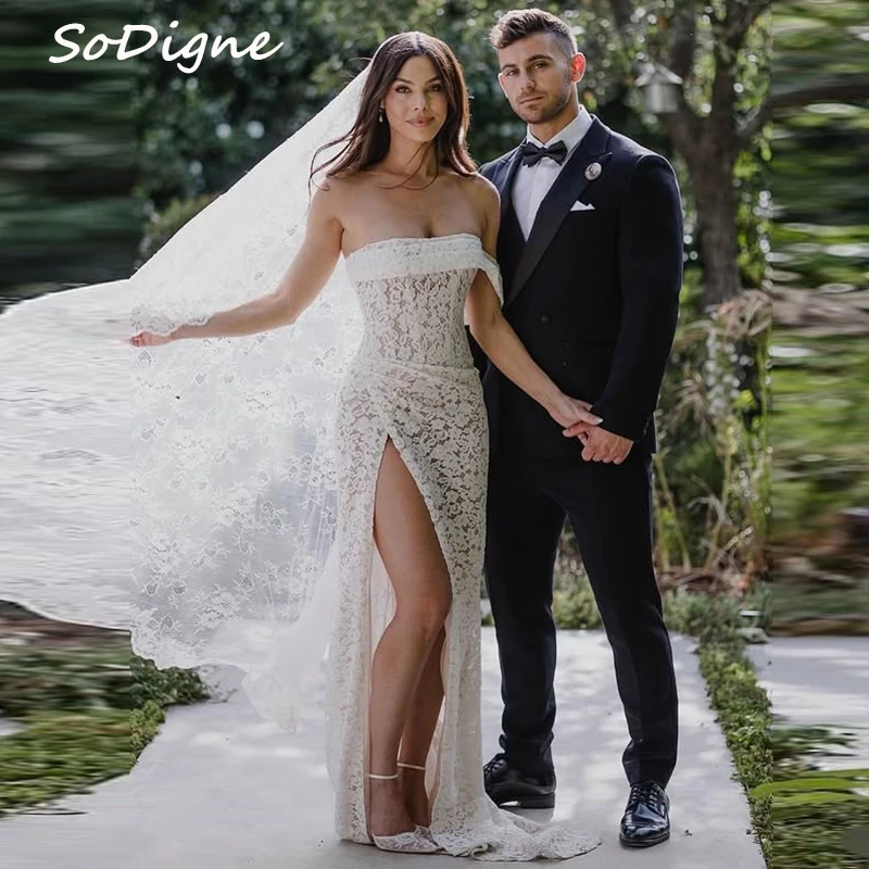 

SoDigne Mermaid Lace Wedding Dresses Sleeveless Strapless Bridal Dress Split Long Wedding Gown Robe De Mairee ﻿Customized ﻿