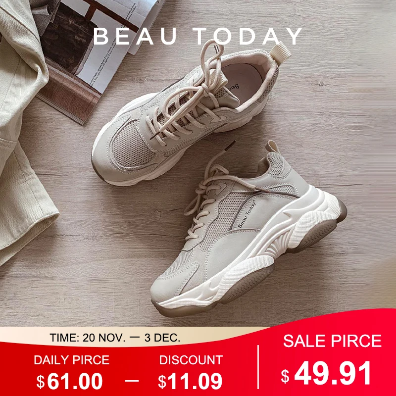 

BeauToday Chunky Sneakers Women Mesh Leather Platform Shoes Mixed Colors Lace-Up Lady Trendy Trainers Thick Sole Handmade 29401