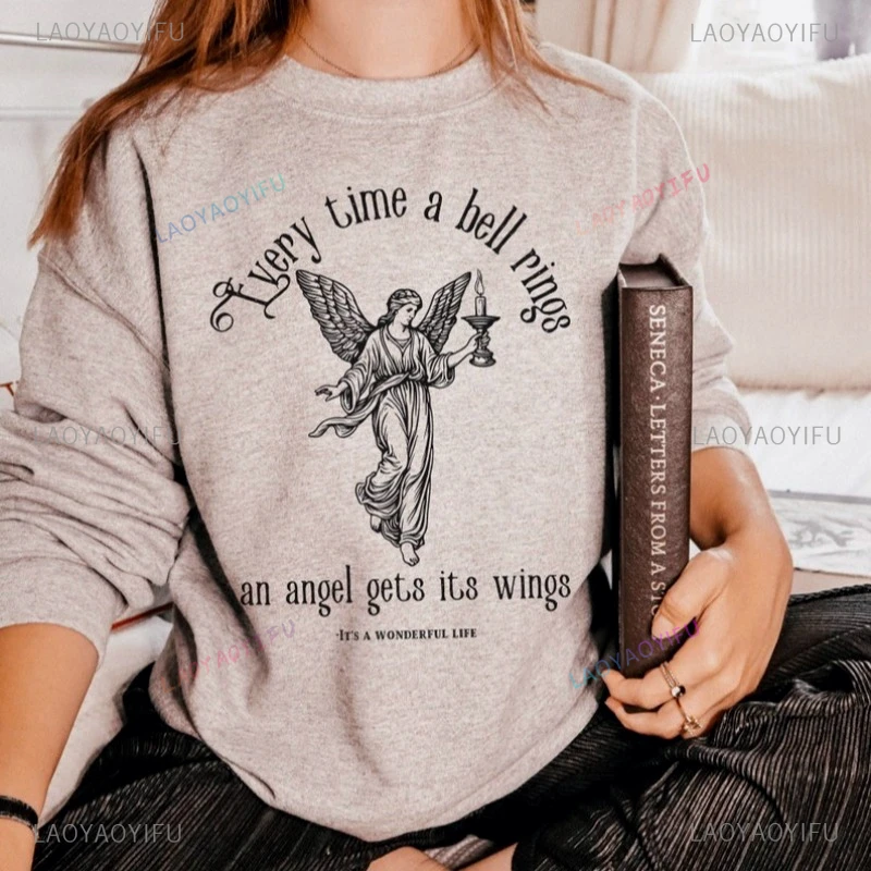 Wings of An Angel Funny Pattern Sweatshirt Devotional Angel Neutral Hooded Sweater Women's Pullover Retro Style Oversized Tops