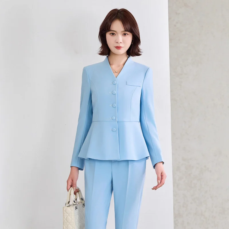 

2025Осенний новый синий костюм для женщин, модный простой, элегантный, универсальный, профессиональная рабочая одежда для поездок на работу