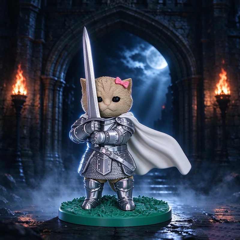 Cute Cat Knight Figure with Pink Bow, Armor & Sword, White Cape Desktop Ornament, 3D Printed Warrior Cat Statue Home Decor Gift