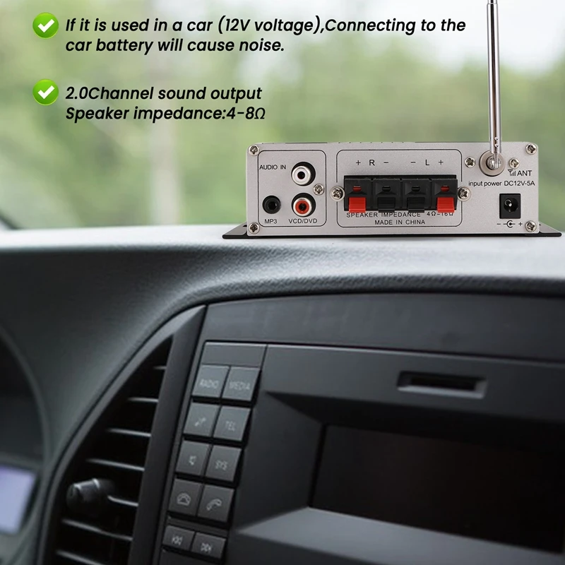 12V เครื่องขยายเสียงดิจิตอล Bluetooth 5.0 HIFI Treble และ Bass Audio AMP 20Wx2 สําหรับโฮมเธียเตอร์ Club Car Party