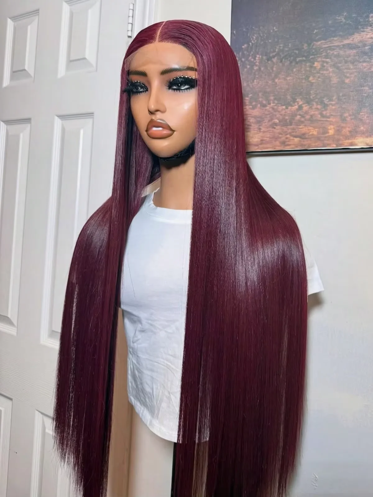 200% Density 34 Inch Bone Straight 99J Burgundy Color Lace Front Wigs 13x4 HD Transparent Lace HD Transparent Lace Straight Wigs Remy Hair Preplucked With Baby Hair For Women Natural Color For Women