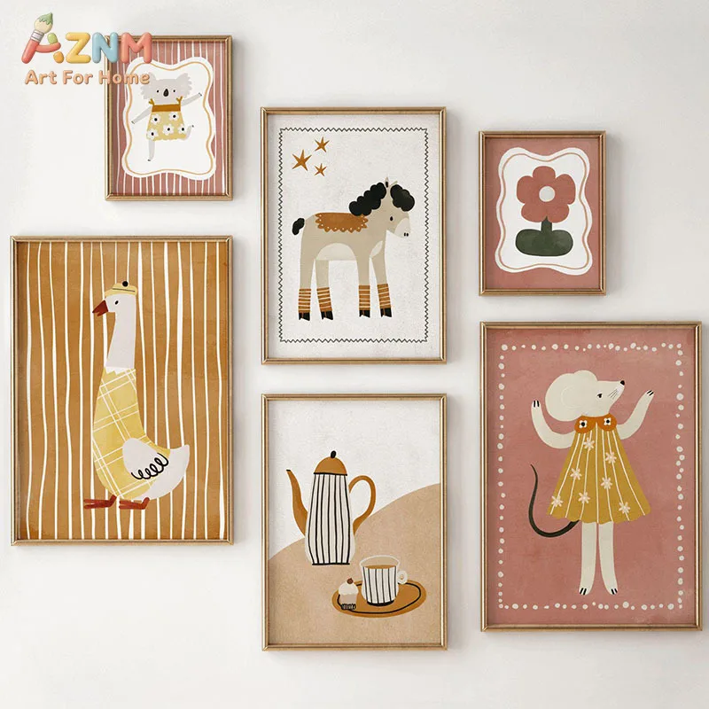 AZNM Frameless Canvas Wall Art, Boho Neutral Cartoon Koala Duck Mouse Horse Flower Teapot Striped Warm Tone Folk Art Print Poste