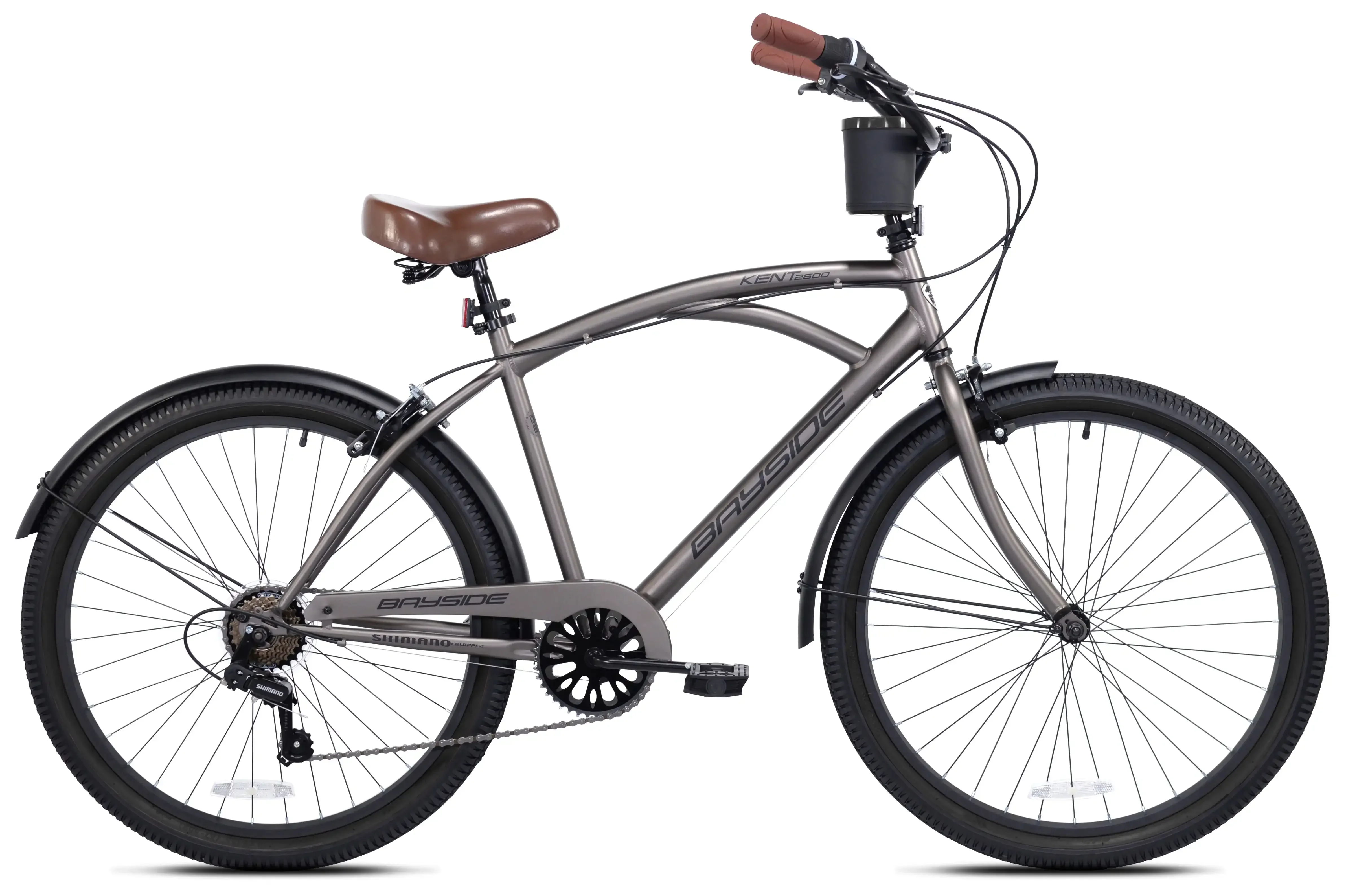 For 26 po. Bayside-Vélo Cruiser gris pour homme, siège marron, poignées marron, ajouter au style classique