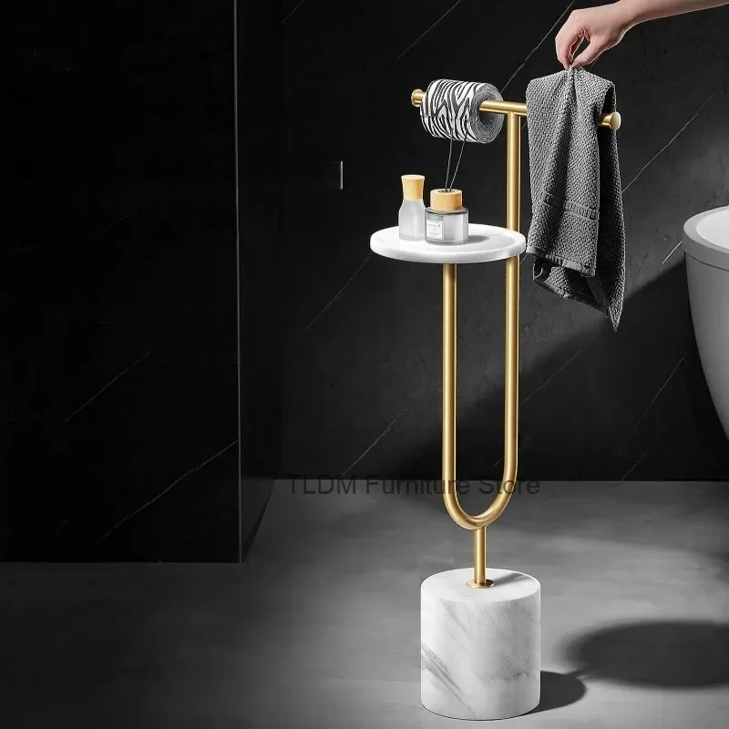 Freestanding Bathroom Toilet Paper Holder Marble Base Metal Towel Rack Side Storage，Multi-function Floor Organizer for Washroom