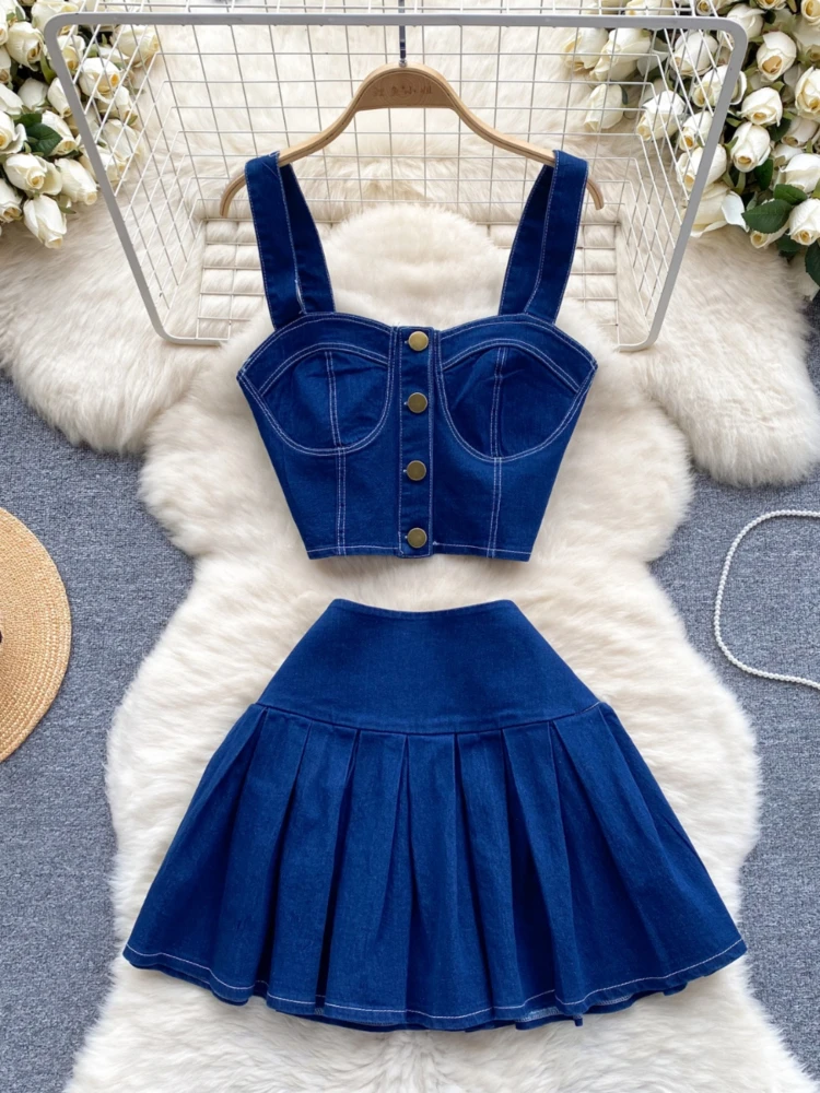 Korean Chic Denim Two Piece Sets Women Retro Sleeveless Tank Top and High Waisted Mini Skirts Jeans Suits Summer Y2k Suits