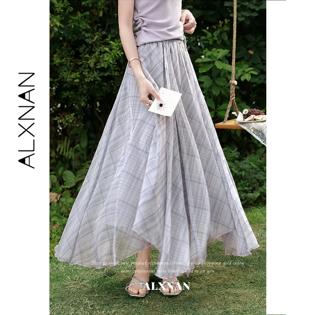 

ALXNAN 2026 Purple Plaid Skirt Elegant Elastic Waist Pleated Irregular Long Skirts Summer Vacation Beach Female Clothing L632119