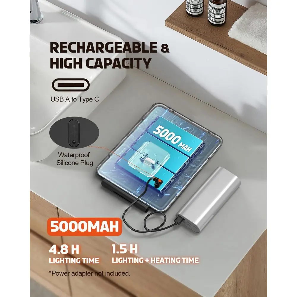 曇り止めシャワーミラー、3色調光ライト付き、充電式、カミソリホルダー＆収納トレイ付き