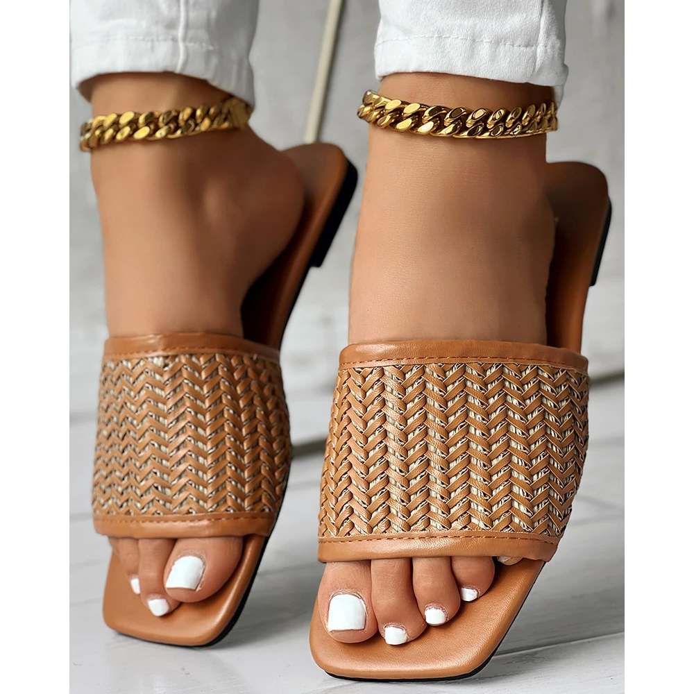 

Fashion Women Wide Strap Braided Slipper Square Toe Casual Outdoor Shoes Summer Peep Toe Flats Going Out Slippers