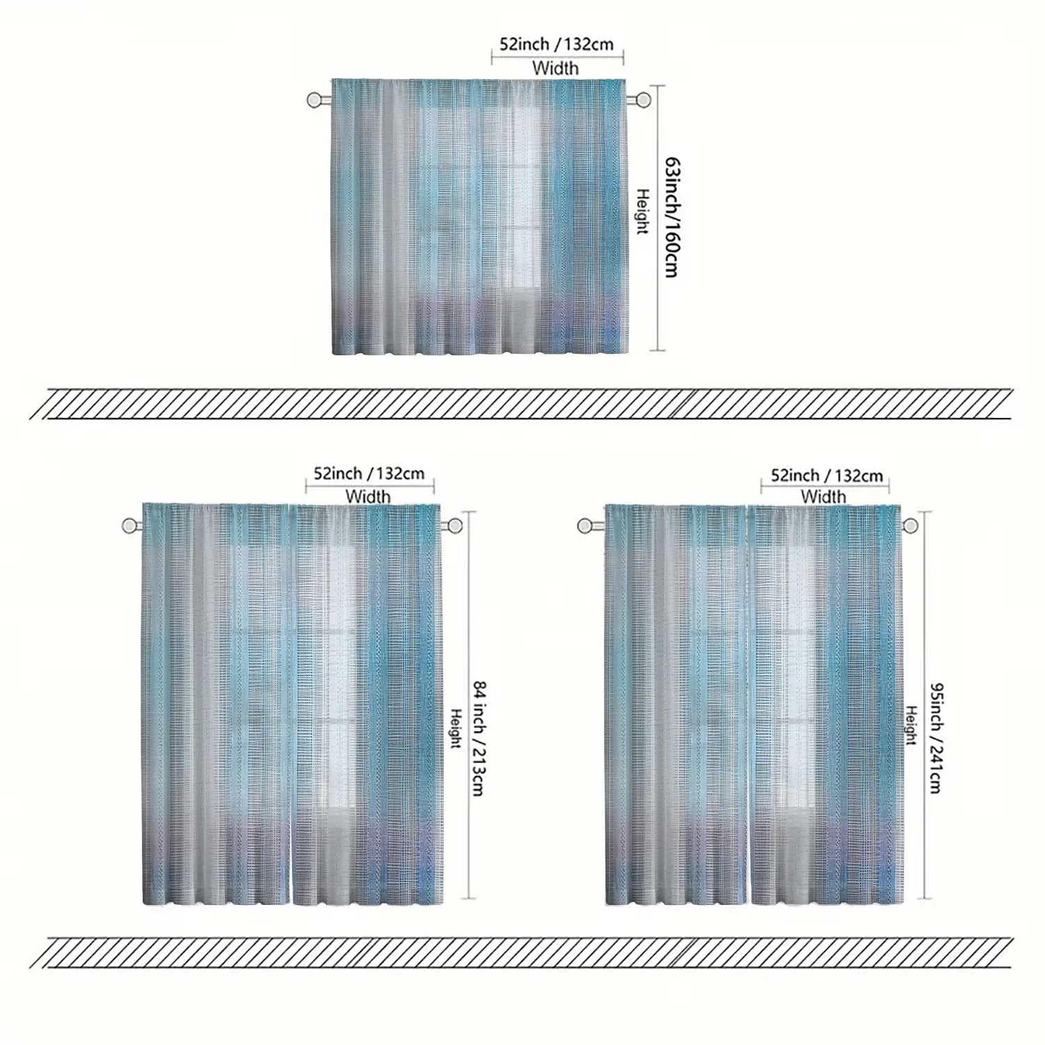 2 Pieces HD Digital Blue Geometry Printed Window Screen Home Decor Style Decoration Living Room Bedroom Rod