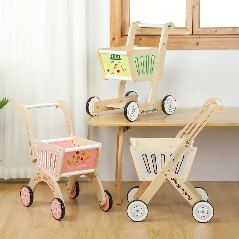 Colorful Shopping Cart Wooden Household Toys Baby Stroller Three Colors Trolley Toddler Cart