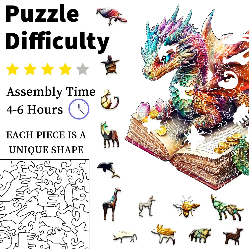 3D Dragon Wooden Puzzle - Brain Teaser with Irregular Animal Shapes, Stress Relief Adult Puzzle Game, Unique Birthday/Valentine'