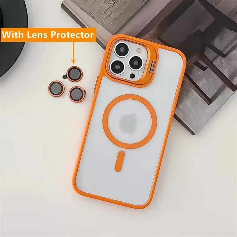 Fashion Ring Stand Magnetic Case For iPhone 16 15 14 Plus 13 12 11 Pro Max Case with Glass Lens Protector Phone Case for Magsafe