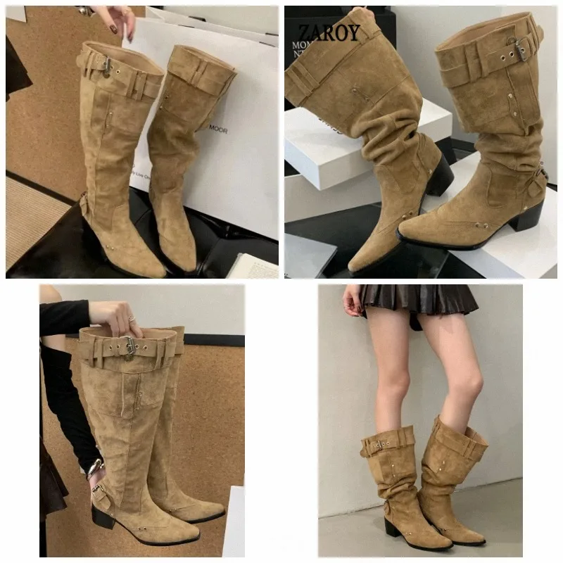Botas altas plisadas ZAROY para mujer, de caña ancha, de ante albaricoque, con tacón grueso, estilo punk, con hebilla, botas de caballero, góticas, largas, de invierno