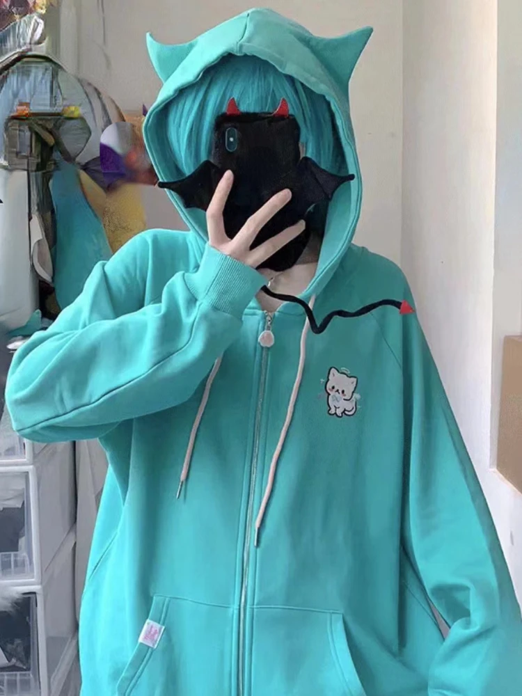 2024 Cartoon Embroider Hoodies Women Y2k Aesthetic Vintage Grunge Tops Loose Casual Zip Up Sweatshirt Harajuku Streetwear
