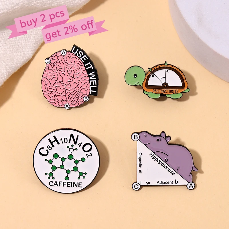 Math Puns Enamel Pins Custom Turtle Hippo Brooch Use Brain Well Caffeine Lapel Badge Animal Funny Jewelry Gift for Kids Friends