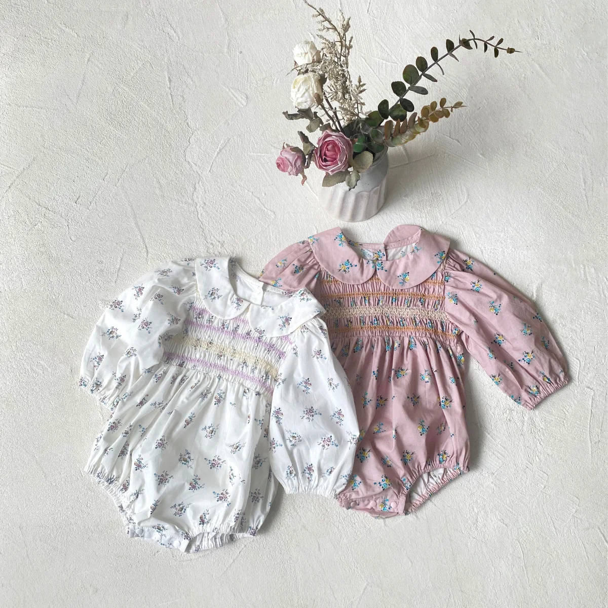 

Newborn Girls Rompers Peter Pan Collar Toddler Girl Bodysuits 2026 Spring Floral Kids Baby Girls Jumpsuits Infant Girls Overalls