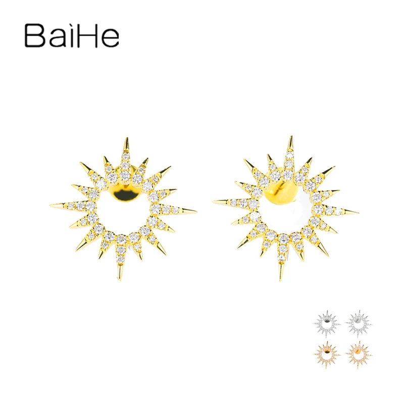 

BAIHE Solid 14K Yellow Gold Natural Diamond Sun Stud Earrings Women Men Wedding Trendy Fine Jewelry boucle d’oreille kolczyki