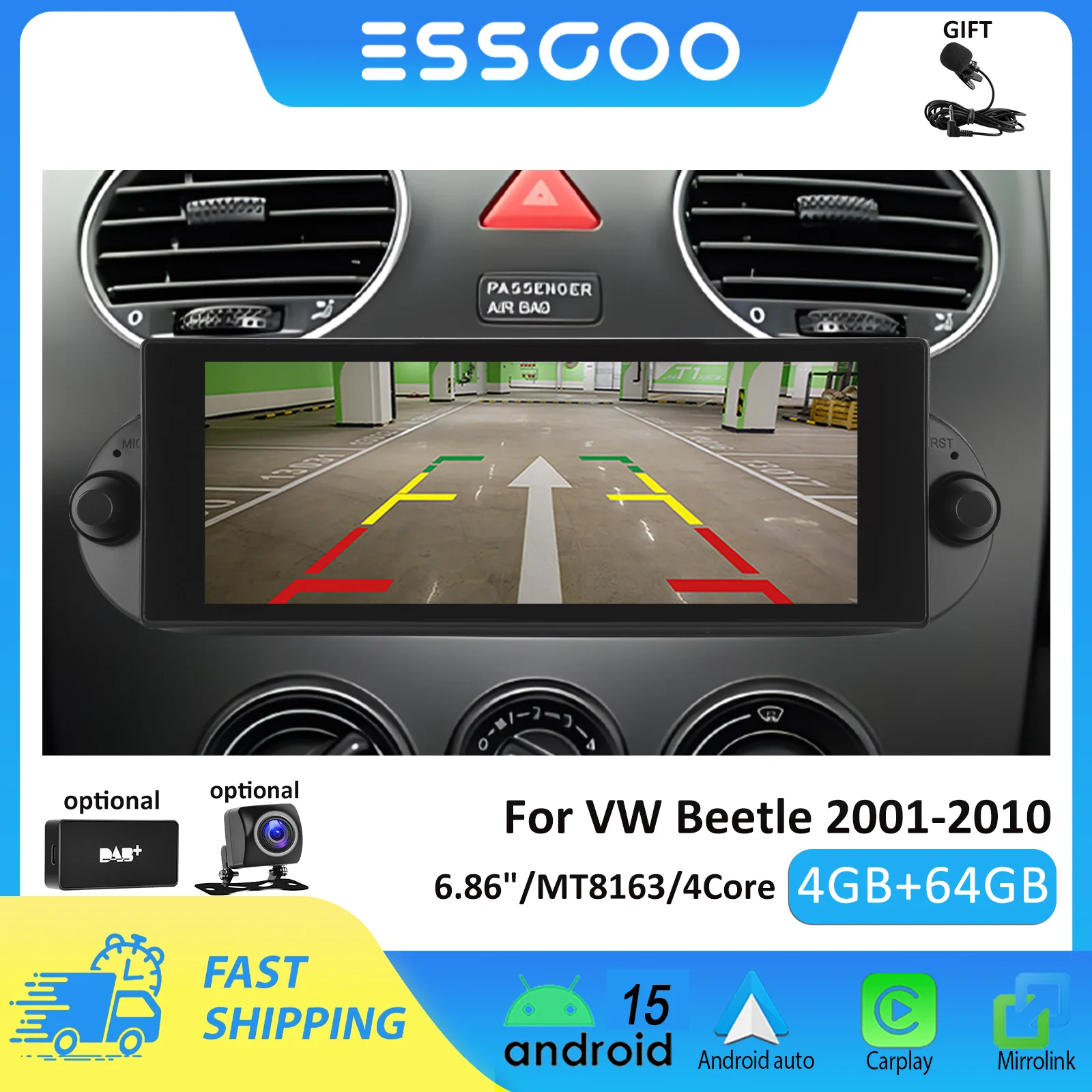 ESSGOO 6,86-Zoll-Autoradio für VW Beetle 2000-2012, kabellos und kabelgebunden, Android Auto, Carplay, Autoradio, 4GB 64GB MT8163 4Core, GPS, RDS, Multimedia-Player, unterstützt Bluetooth, WLAN,