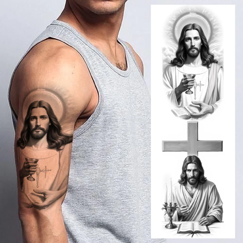 

3 шт. временная татуировка Девы Марии черный и серый реализм библейская молитва реалистичные временные татуировки крест для взрослых бедра