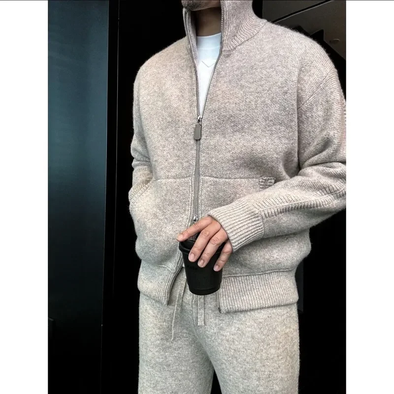 Men's Stand Collar Knit Cardigan Solid Color Loose Fit Long Sleeve Sweater Jacket Old Money Aesthetic Spring Autumn Outerwear