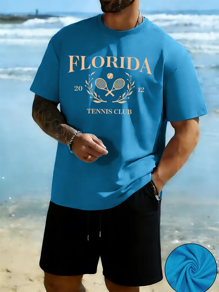 

Florida Tennis Club 2012 Print Classic Sport Street T-Shirt Men Suit Cotton Breathable Tops Loose Summer Daily Tees & Shorts