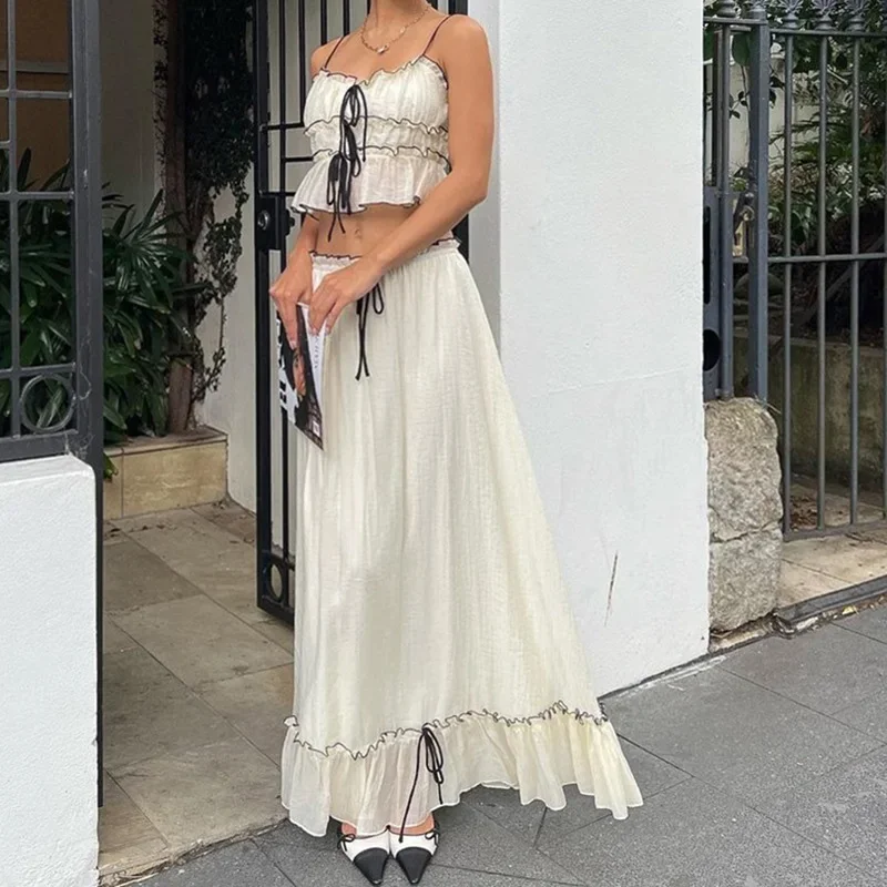 

LIBIELIY Women Elegant French Skirt Outfits Sexy Off Shoulder Tie-up Sling Top & Long Skirt Suit Casual Sleeveless Pleated Soli