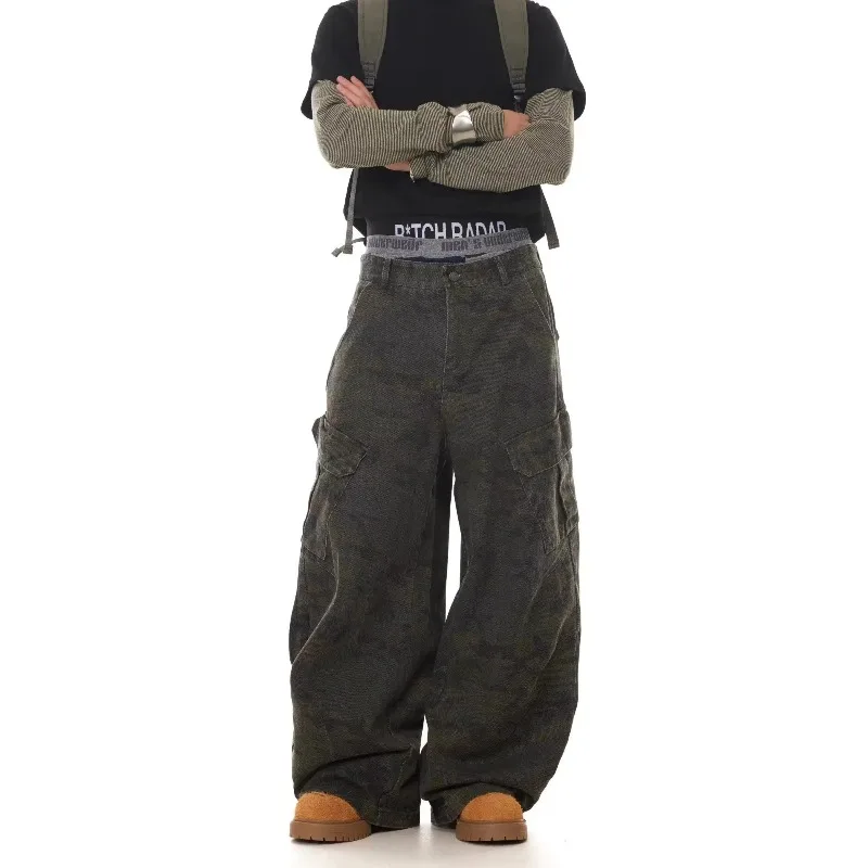 

Американские ретро камуфляжные джинсы с несколькими карманами и силуэтом Scimitar, нишевые мешковатые широкие брюки с серпом, повседневные брюки, толстовки, мужская одежда