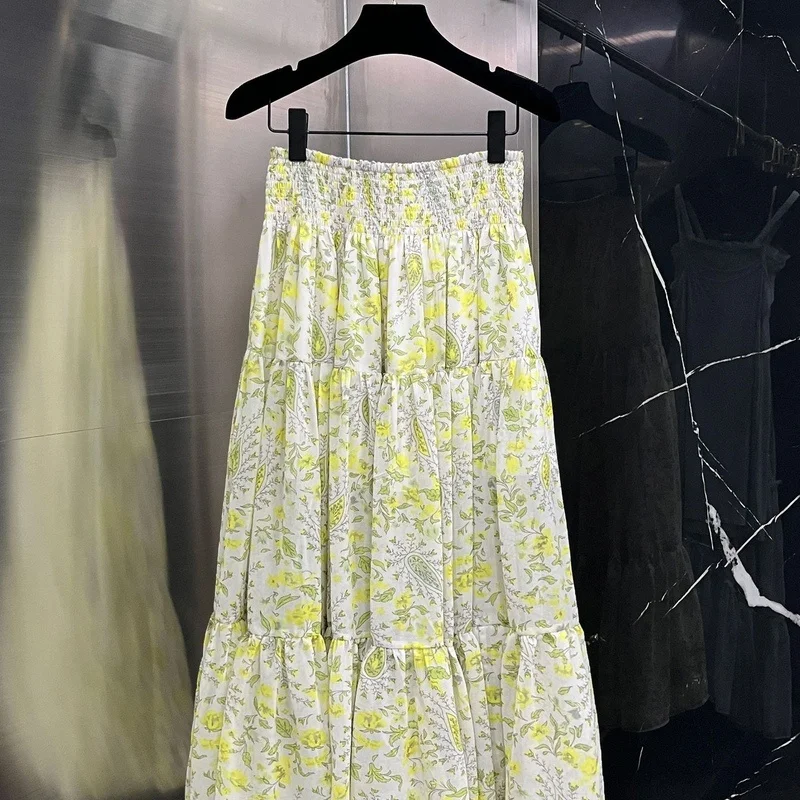 

Ele Sweet Floral Print Chiffon Skirt High Waist Midi Skirt Women's Holiday Sle New Autumn 2024 Polyester Fiber