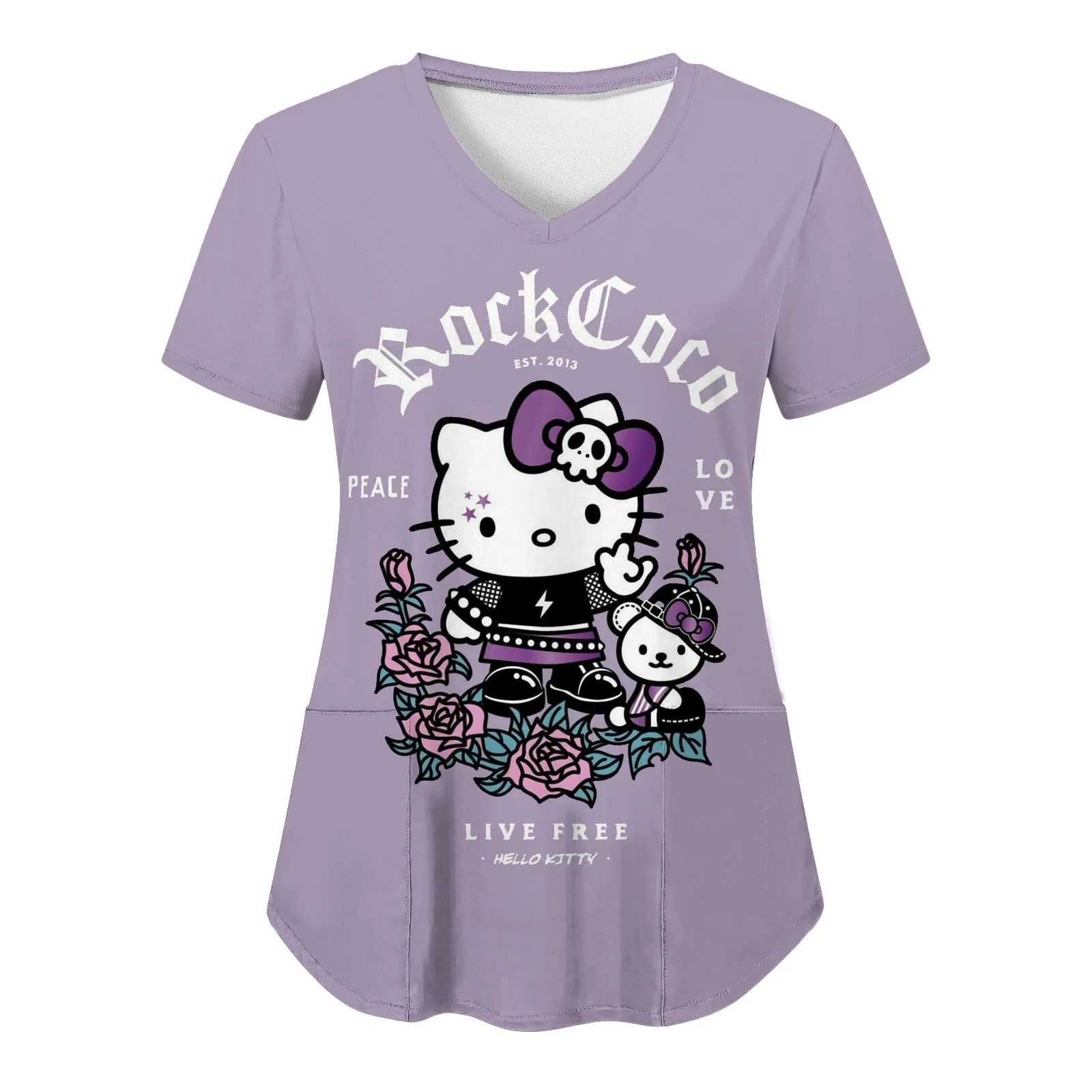 

Woman Nurse Uniform Hello Kitty Sanrio Top Women Trendy Pocket Summer Hospital V Neck Kawaii Animal Short Sleeve Streetwear Neck