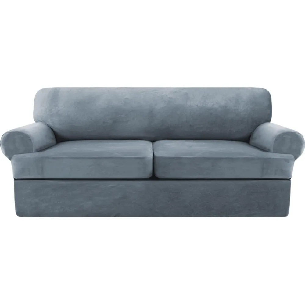 

Velvet T Cushion Sofa Slipcover 3 Pieces Covers for Soft Couch Cover Slip Furniture Protector with 2 Individual Shape Seat (Ston
