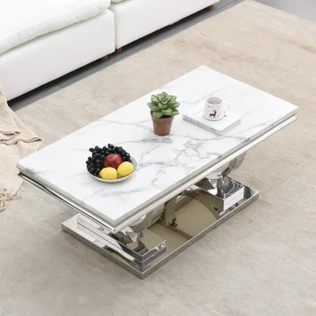 Image Faux Marble Coffee Table for Living Room Luxury White Marble Center Table with Silver Pedestal Base Mid-Century Cocktail Table