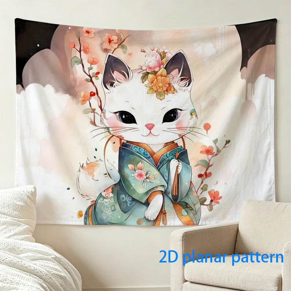 Japanese Kimono Cat Tapestry Cute Geisha Kitty Wall Hanging Floral Anime Art Decor, Kawaii Aesthetic Background Cloth forBedroom