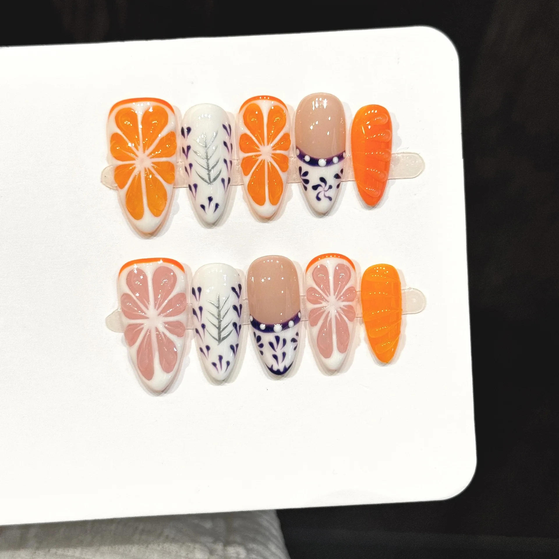

10pcsHandmade Almond False Nails Tips Summer Sweet Orange Design Nails Sets with French Press on Nails Art Wearable Fake Nail