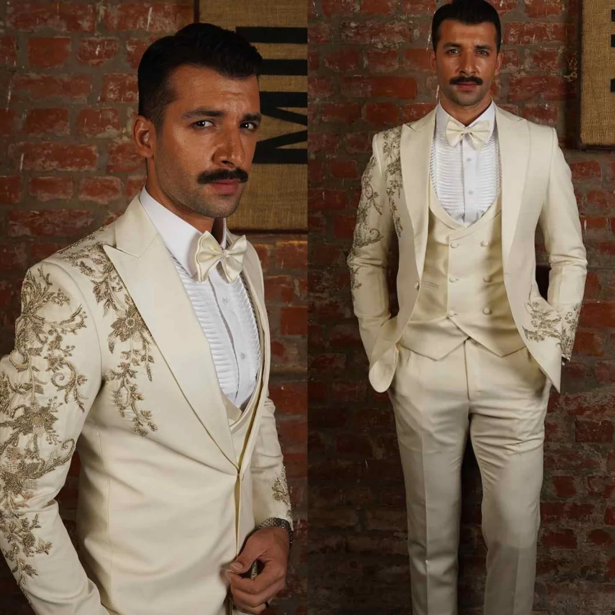 

Fashion 3 Pieces Men Suits Peaked Lapel One Button Tuxedos Beadeds Appliques Pants Sets Classic FIt Wedding Party Customized Out