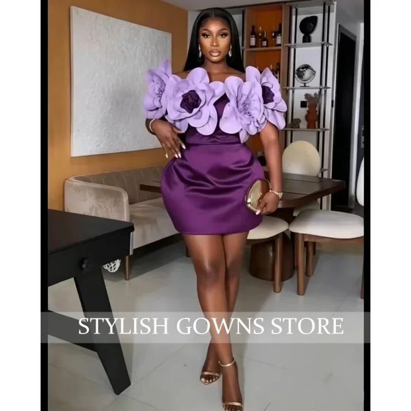 Homecoming Customized Plus Pink Satin Mini Evening dress Off Shoulder 3D Flower Party Dress Birthday Party Ball Dress