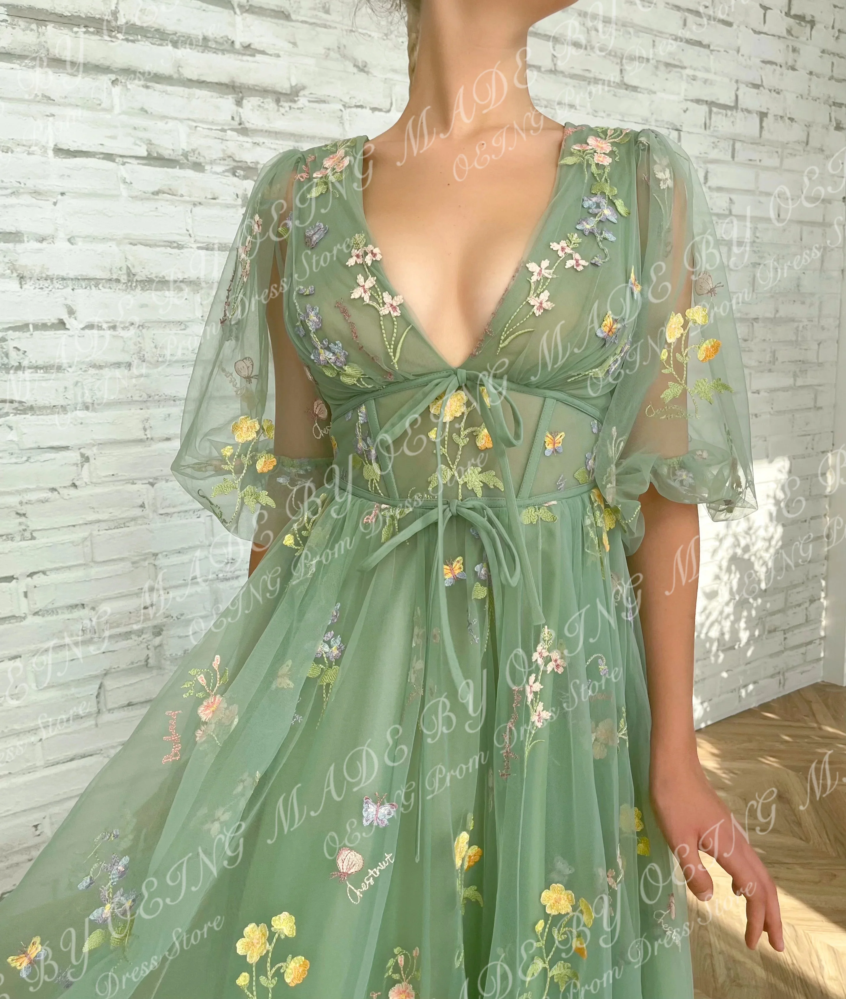 OEING Green A-LINE Evening Dresses Fairy Flowers Appliques V Neck Tea Length Short Sleeves Prom Dress For Special Occasion