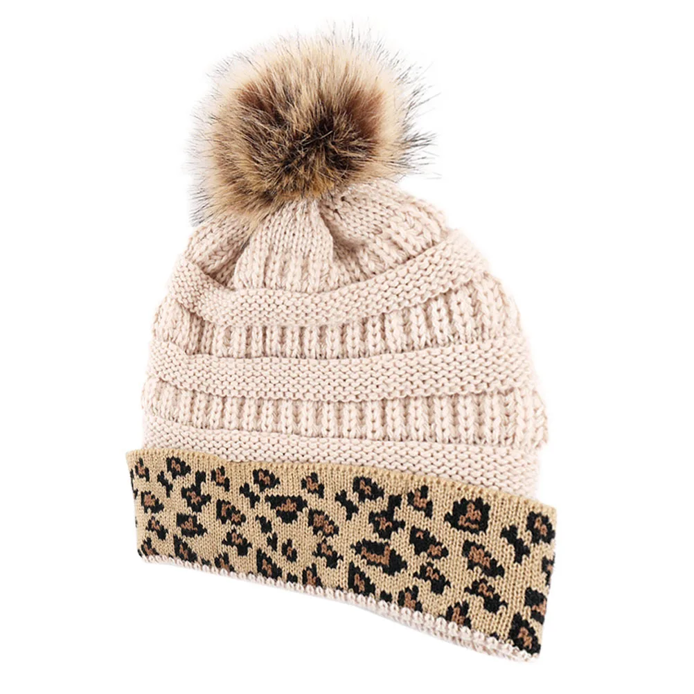 

Leopard Knitted Beanie Thickened Warm Hat For Winter Outdoor Soft Pom Pom Ear Covering Cap Knitted Hat Winter Accessory
