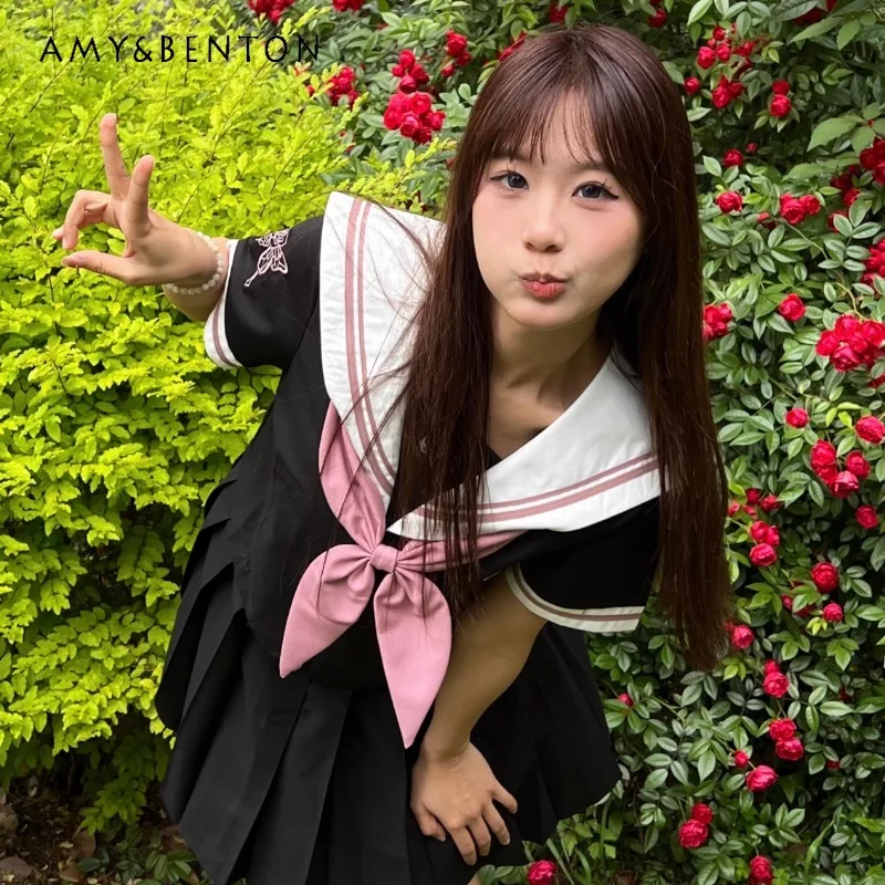 2024 JK Uniform Japanese Campus Style Sailor Suit Summer Black And Pink Colored Cute Lolita Short Sleeved Top Skirt Soft Sets