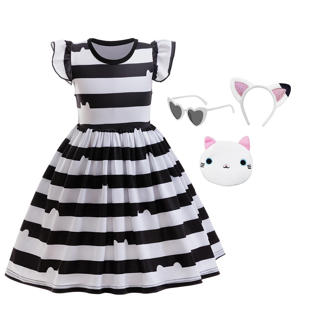 

Gaby Girls Dolhouse Princess Dress Striped Cartoon Cat Party Dress With Headband Wallet Glasses Halloween Dress For 4-8years Gi